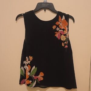A New Day Sheer Black Sleeveless Blouse with Multicolor Floral Design.
